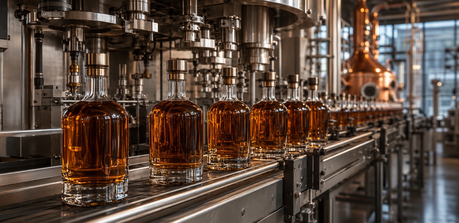 Amber glass bottles moving along a bottling line, a copper still behind.