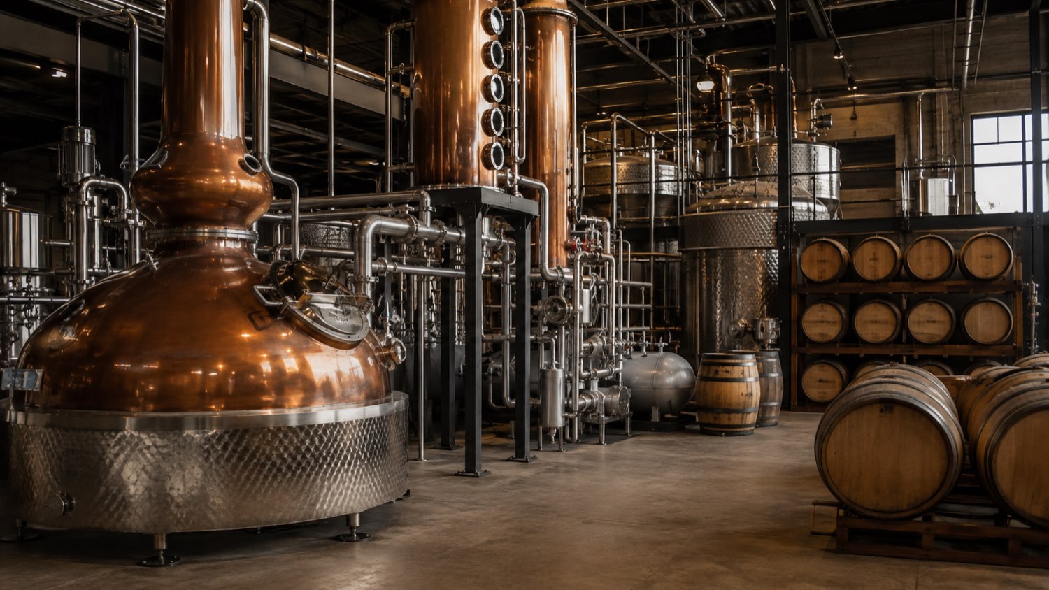 A distillery floor: copper pot still and column, stainless tanks, and oak barrels on racks.