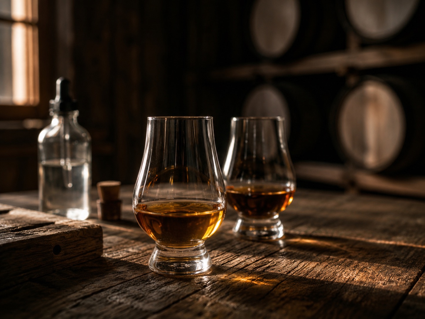 Two nosing glasses of whiskey on a worn oak tasting bench, one drawn forward into the light.