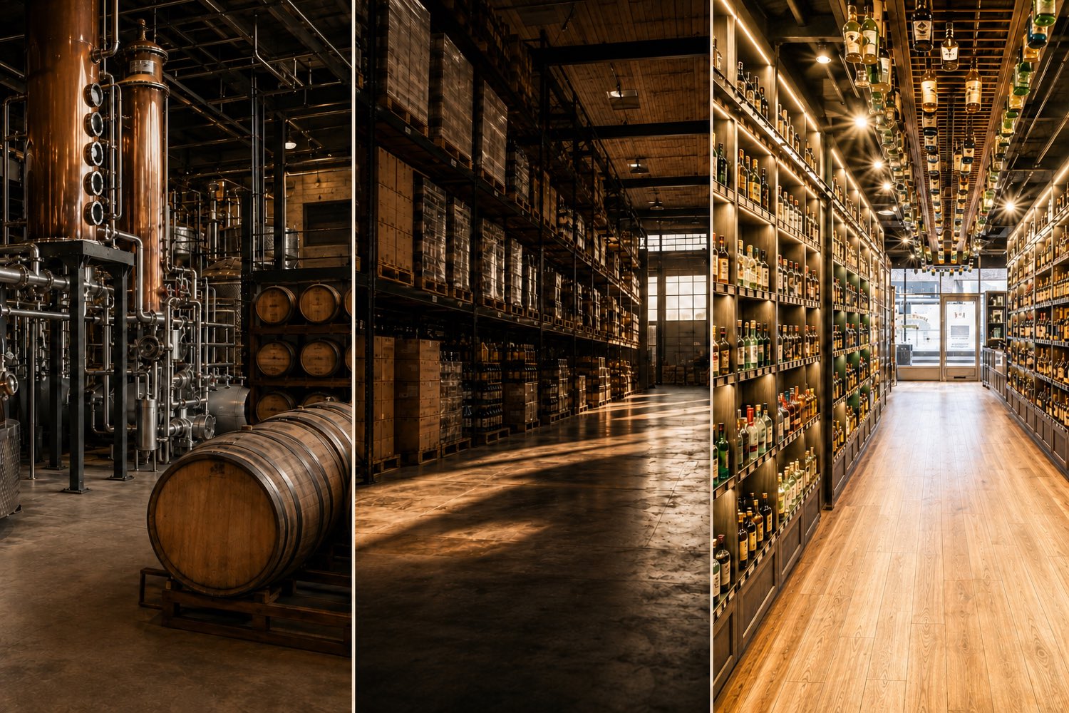 Three scenes side by side: a copper still house, a distribution warehouse, and a retail spirits aisle.