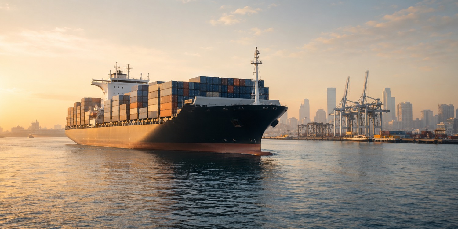 A loaded container ship arriving at a port at first light.